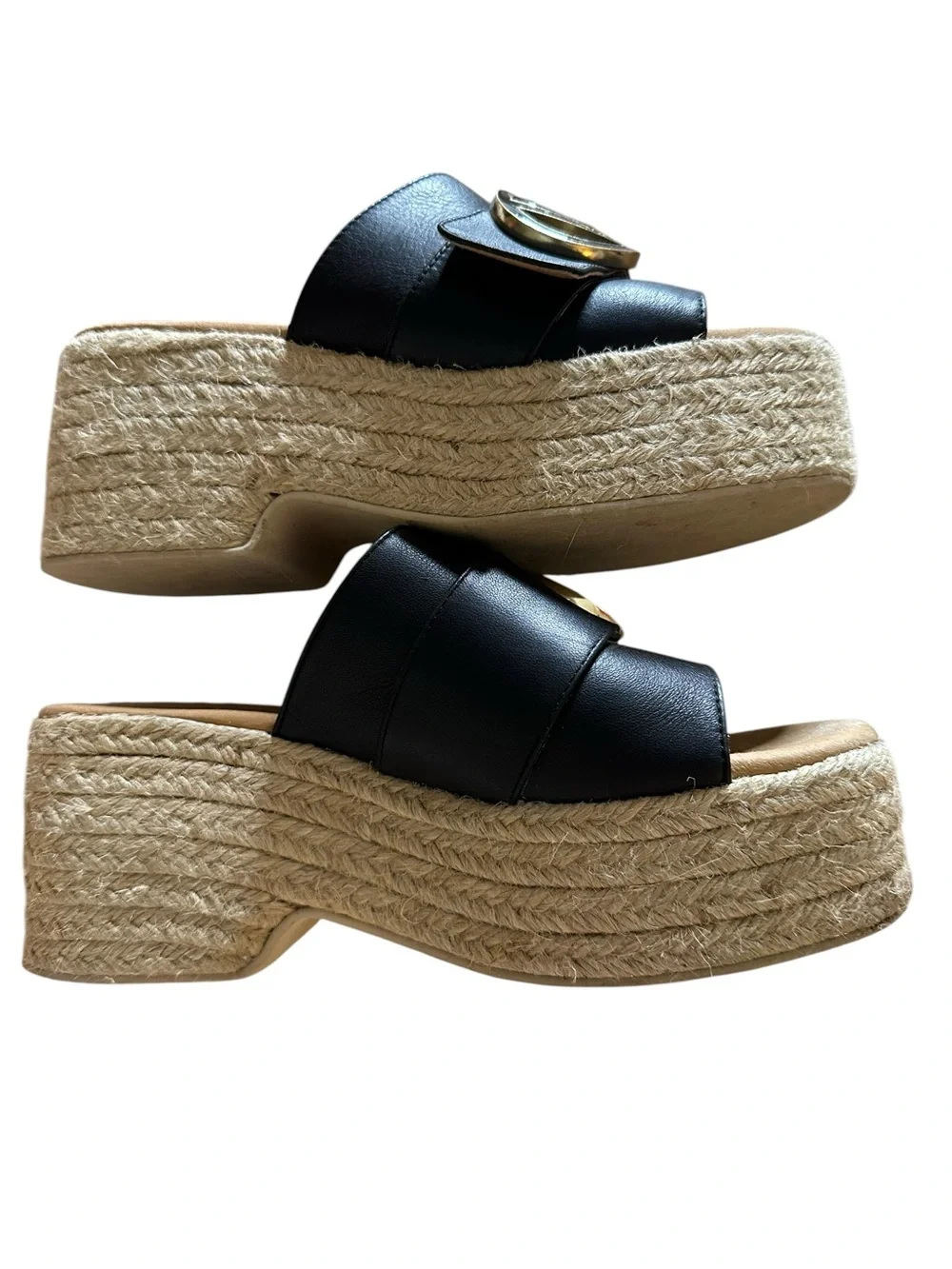 Valentino Black Leather Slide espadrille Sandals with Gold Logo Medallions sz 7